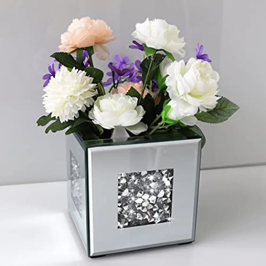 Crushed Diamond Mirrored Vase Crystal Glass Decorative Accent