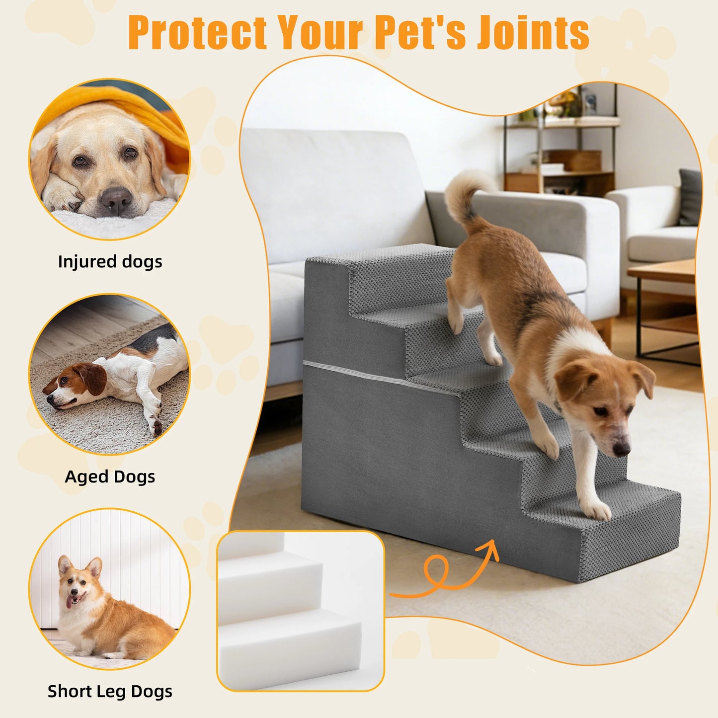 JHK Right Angled Foam Dog Stairs 3 To 5 Steps Non Slip Indoor Ramp