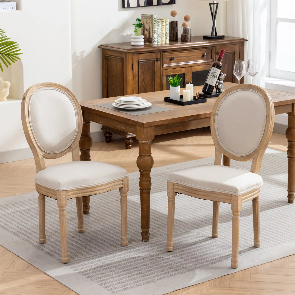 OAKCIA French Style Solid Wood Linen Back Dining Chair Set