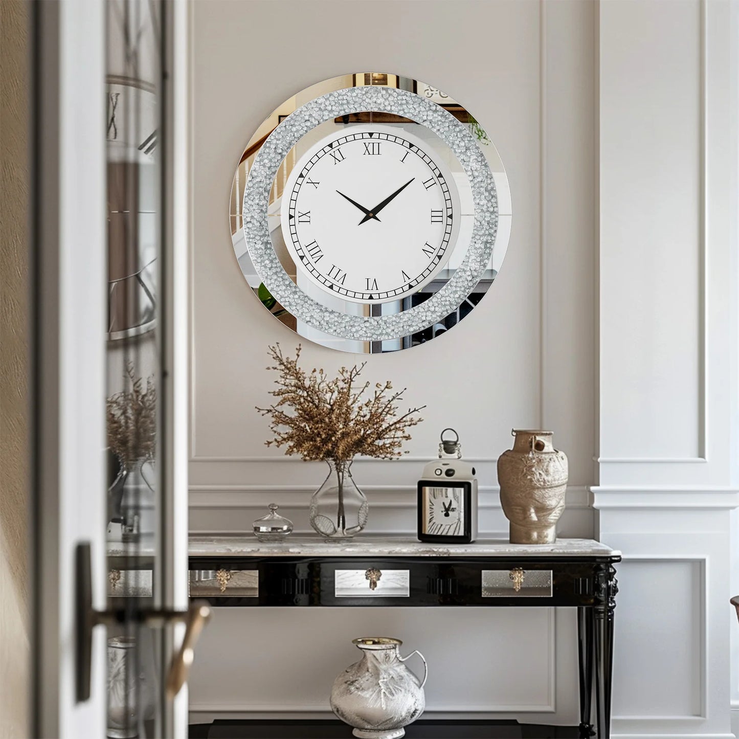 Round Mirrored Wall Clock With Crystal Accents For Living Room