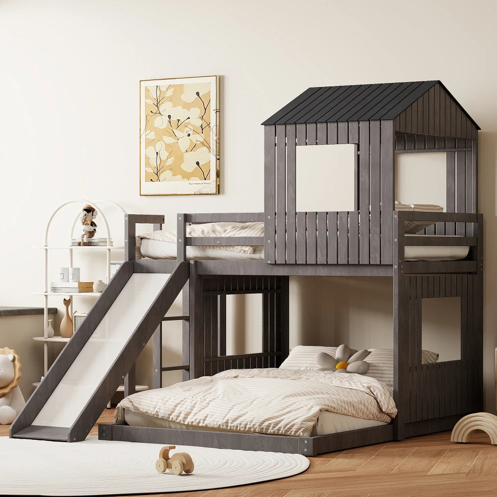 Wooden Bunk Bed With Playhouse Ladder Slide And Guardrails