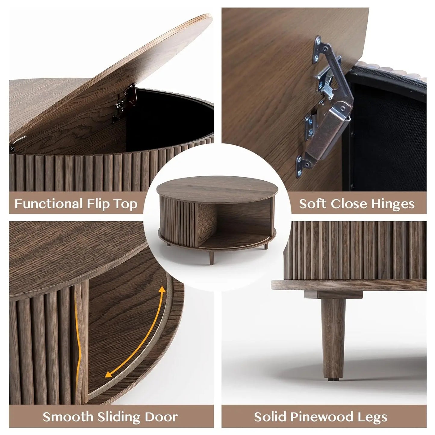 Round Coffee Table With Hidden Storage In Walnut Wood Drum