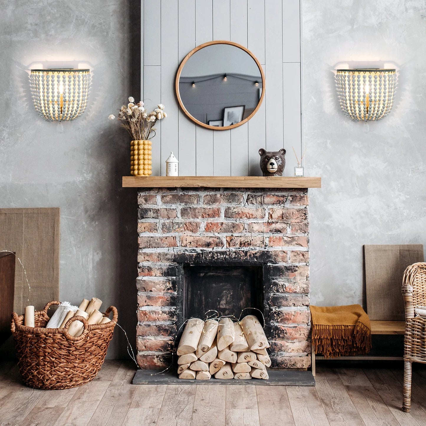 Industrial Retro Wood Bead Wall Lamp E14 Loft Bedroom Cafe
