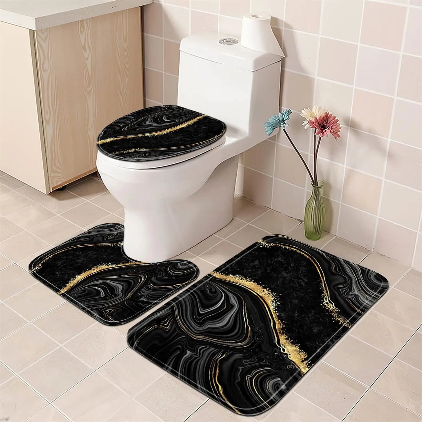 Marble Shower Curtain Set With Gold Accents And Toilet Cover