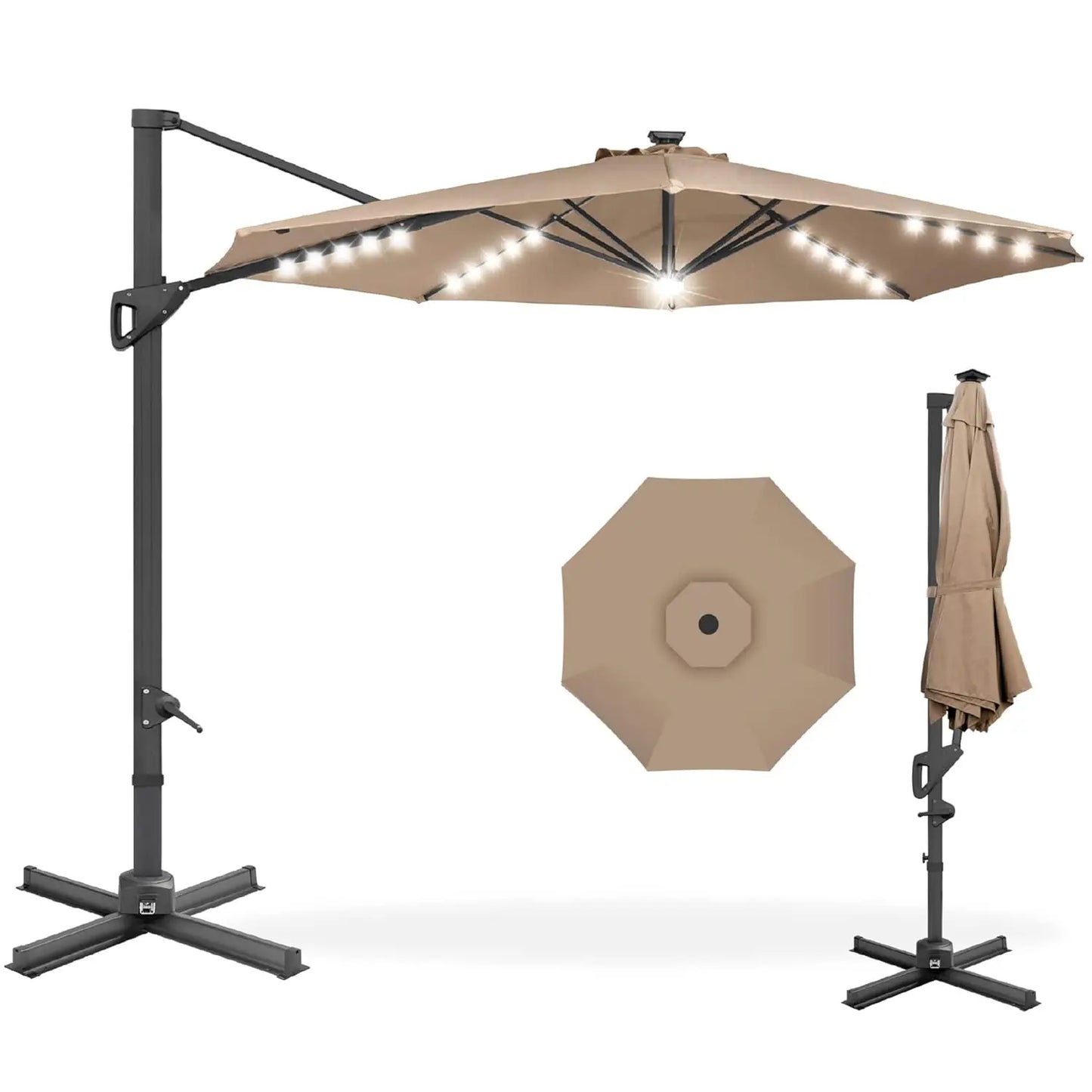 Cantilever Solar LED Patio Umbrella 360-Degree Rotation