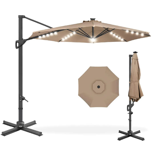 Cantilever Solar LED Patio Umbrella 360-Degree Rotation