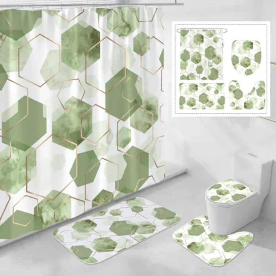 Geometric Shower Curtain Set With Non Slip Rugs Bath Mat