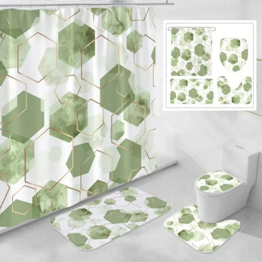 Geometric Shower Curtain Set With Non Slip Rugs Bath Mat