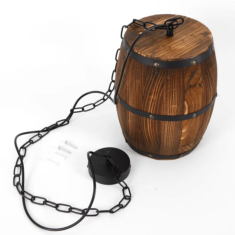 Hanging Vintage Wine Barrel Pendant Light Rustic Wood Ceiling Lamp