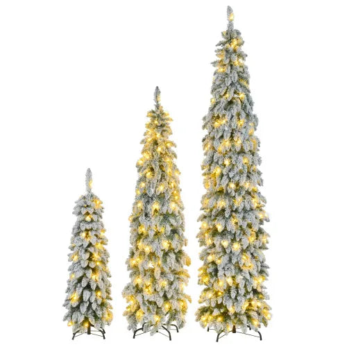 Slim Pencil Christmas Trees Set Of 3 Pre Lit With Snow Flocking