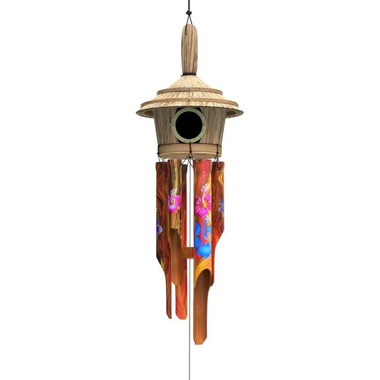 Bamboo Wind Chimes With Birdhouse Outdoor Decor Handcrafted Calming Tones