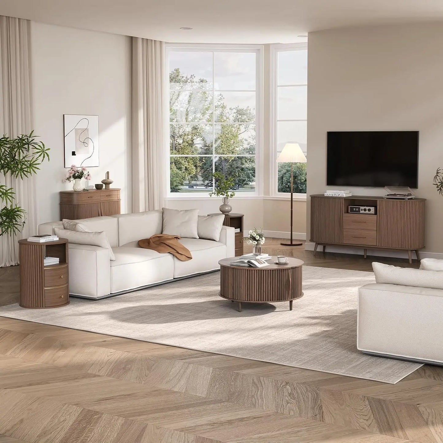 Round Coffee Table With Hidden Storage In Walnut Wood Drum