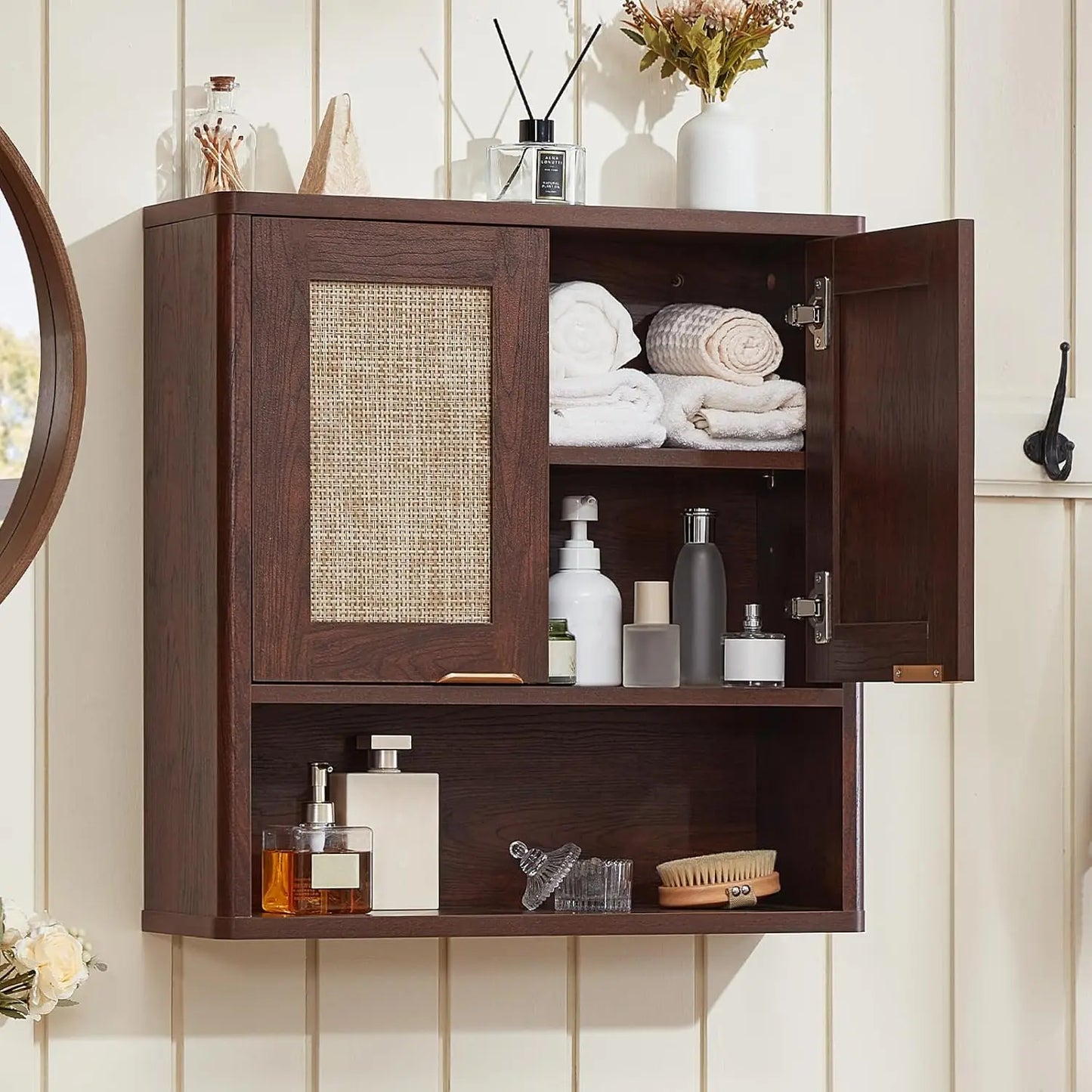 Rattan Bathroom Wall Cabinet Over Toilet Storage Organizer