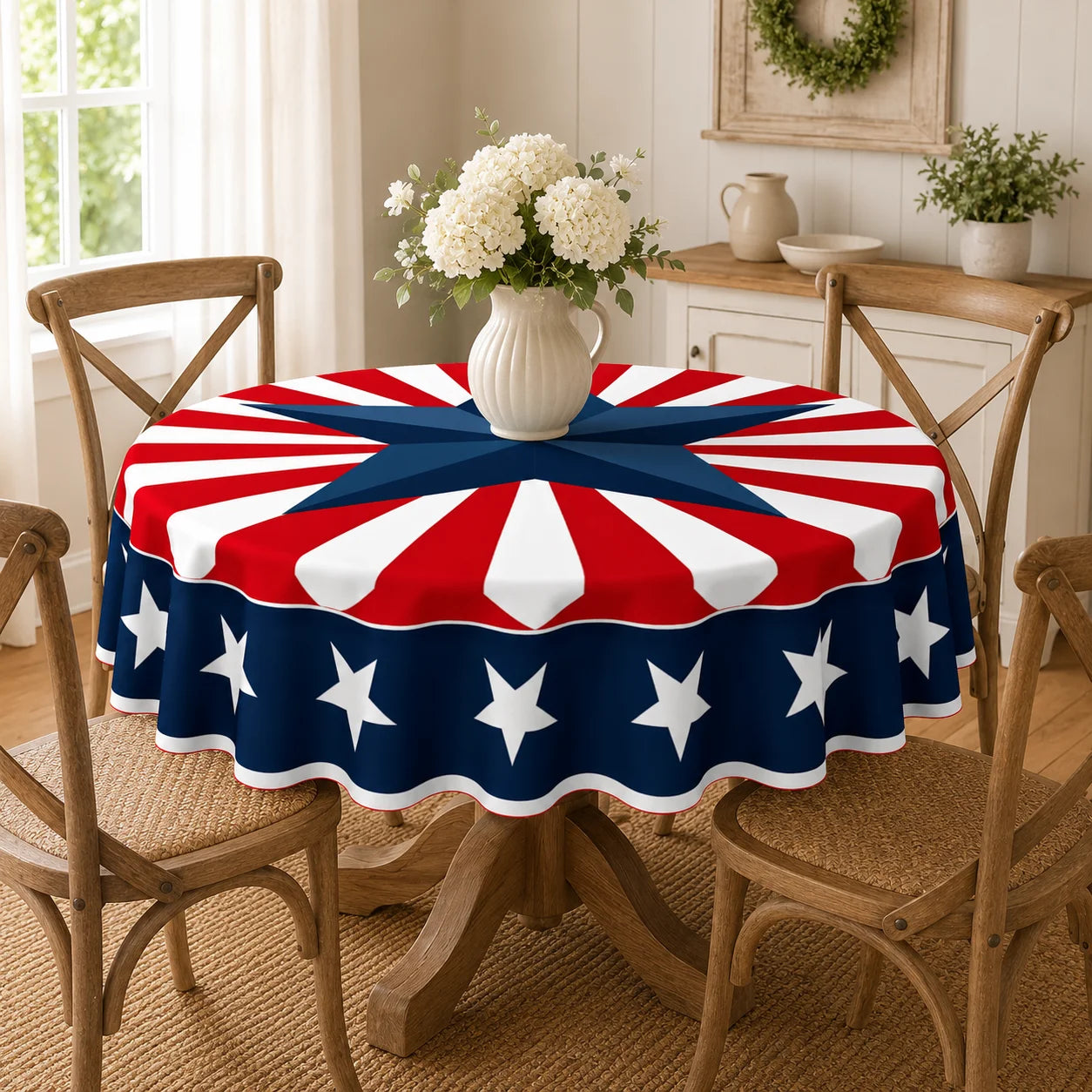 Patriotic Round Tablecloth With Star Stripes Print