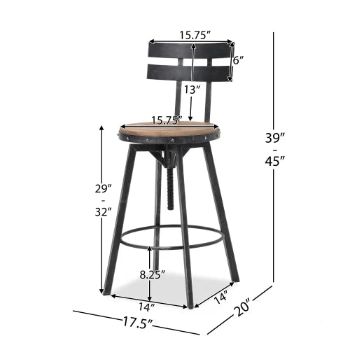 Rustic Antique Barstool With Firwood Seat And Smooth Metal Back