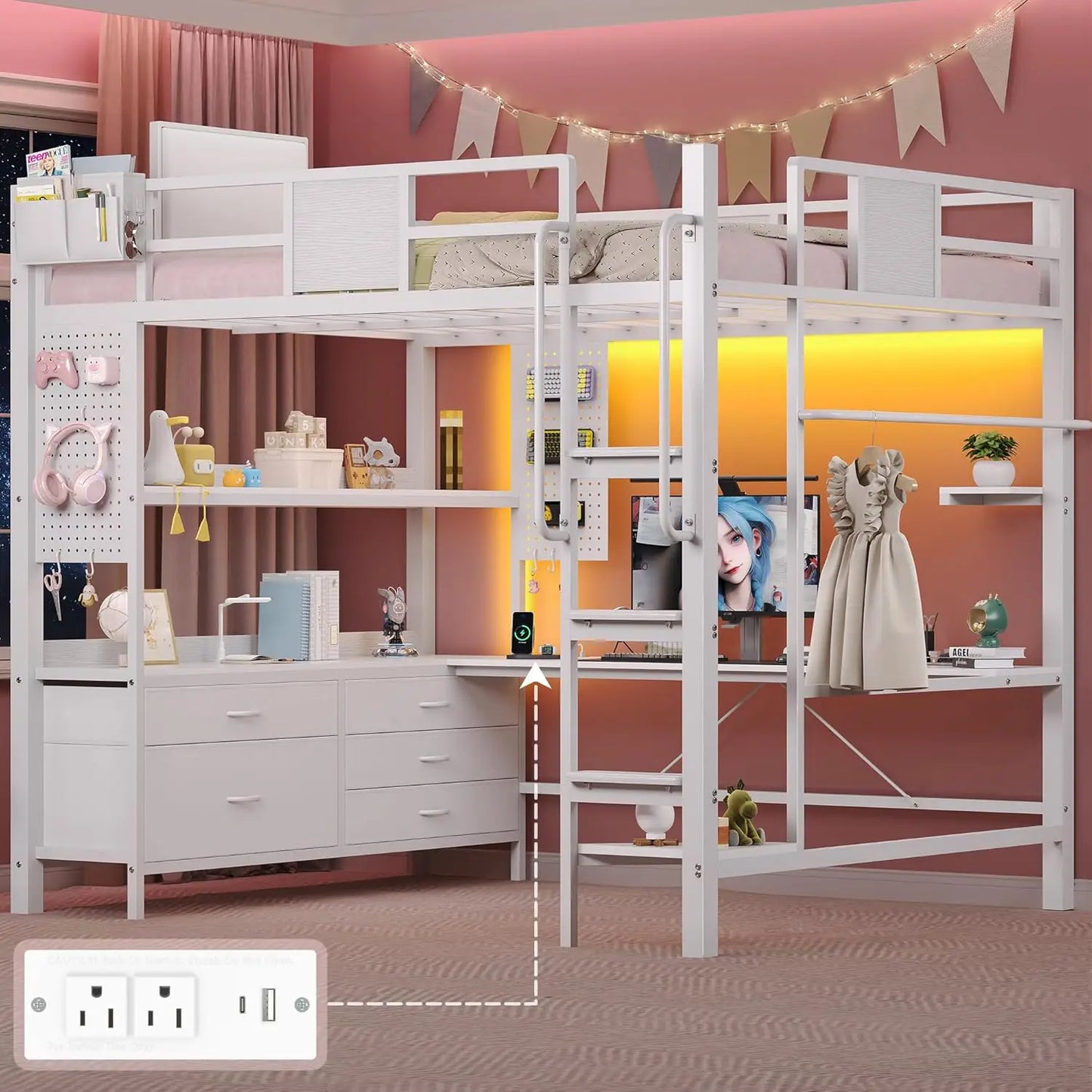 Loft Bed With Desk And Storage Shelves LED Charging Station