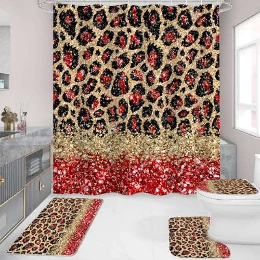 Leopard Print Shower Curtain Set With Non Slip Bath Mats
