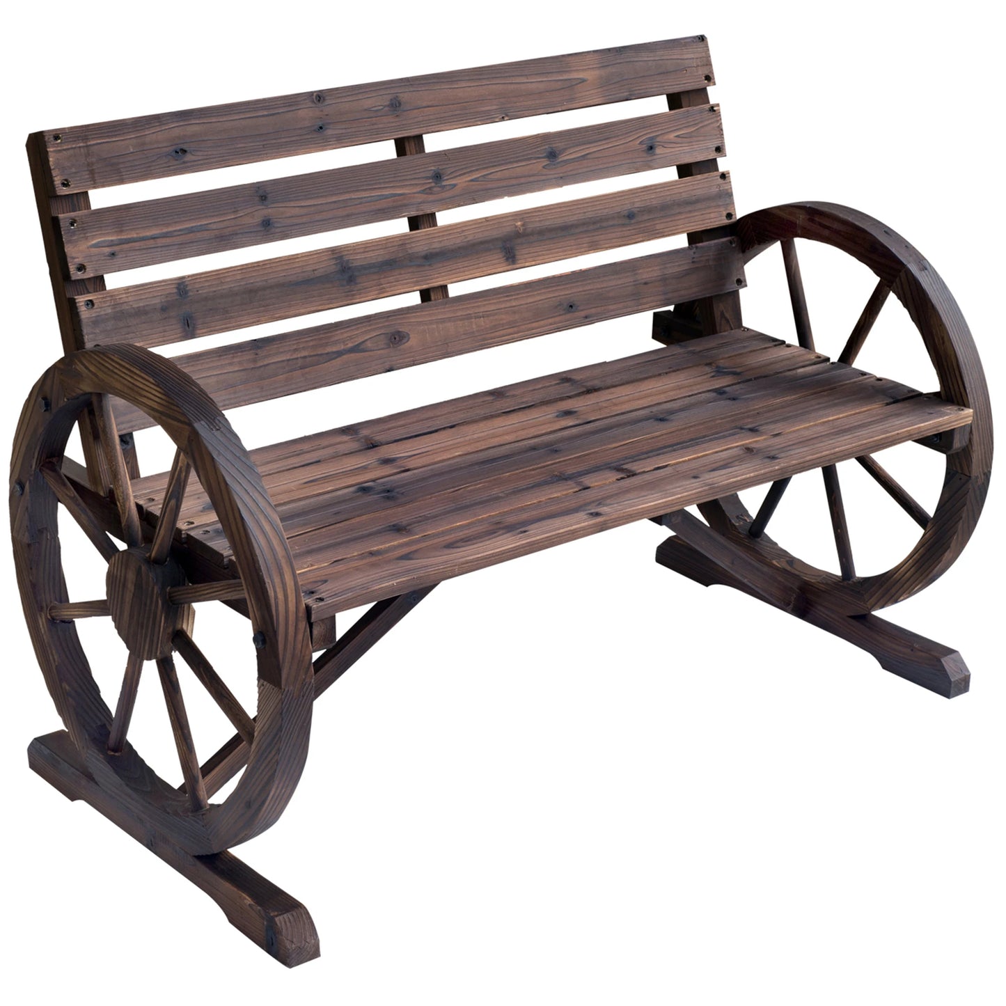 Outsunny Wagon Wheel Bench Wood Outdoor Garden Chair Loveseat