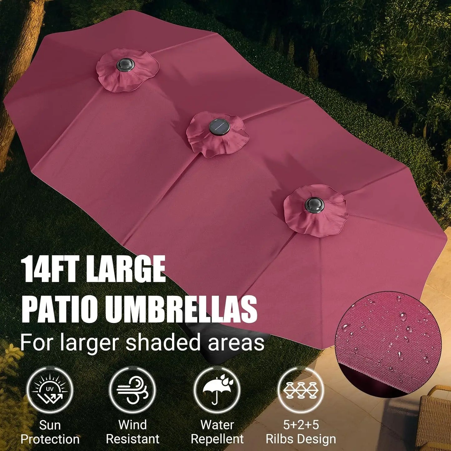Patio Umbrella With Base And Solar LED Lights Double Sided