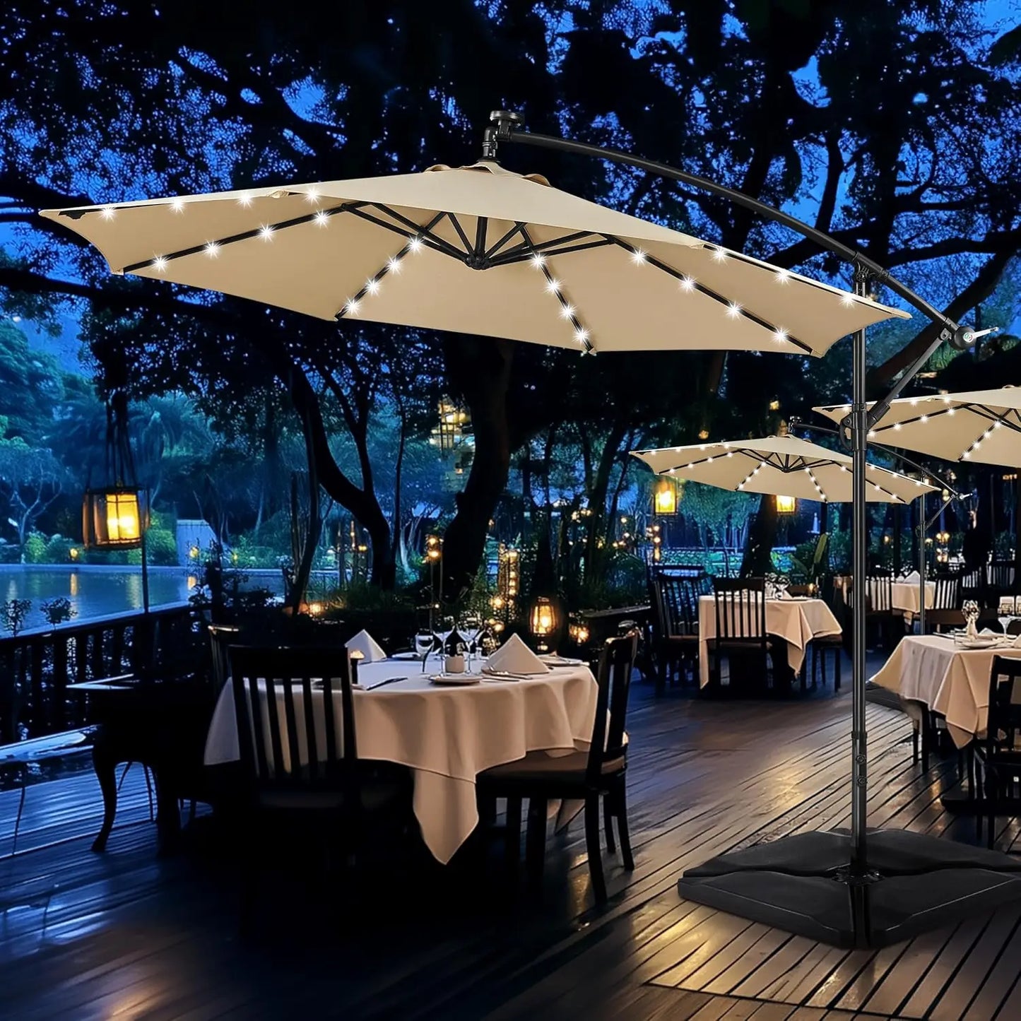 Solar Offset Cantilever Umbrella With 32 LED Lights Outdoor Patio