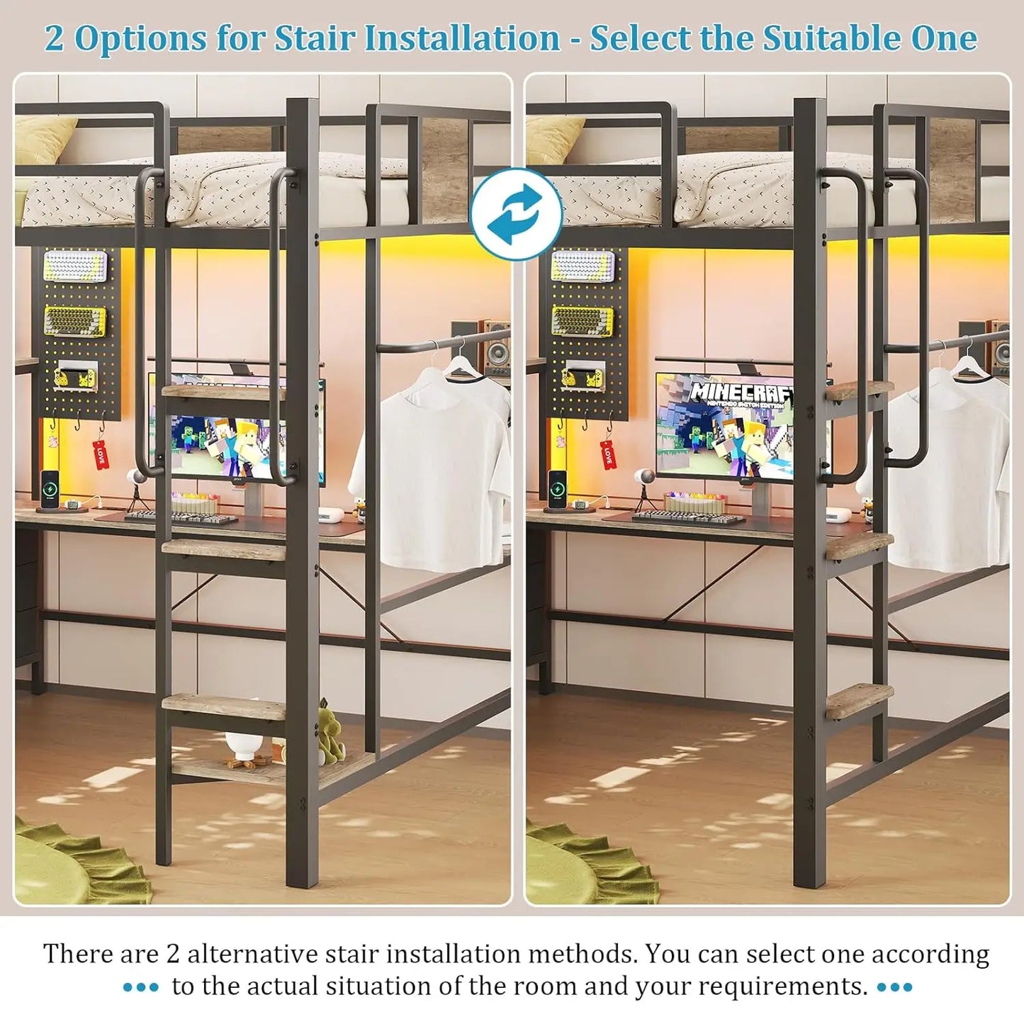 Loft Bed With Desk And Storage Shelves LED Charging Station