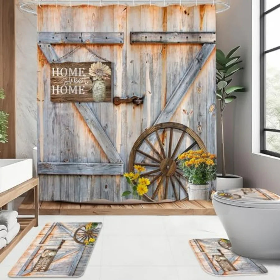 Rustic Farmhouse Shower Curtain Set With Bath Mat And Rugs