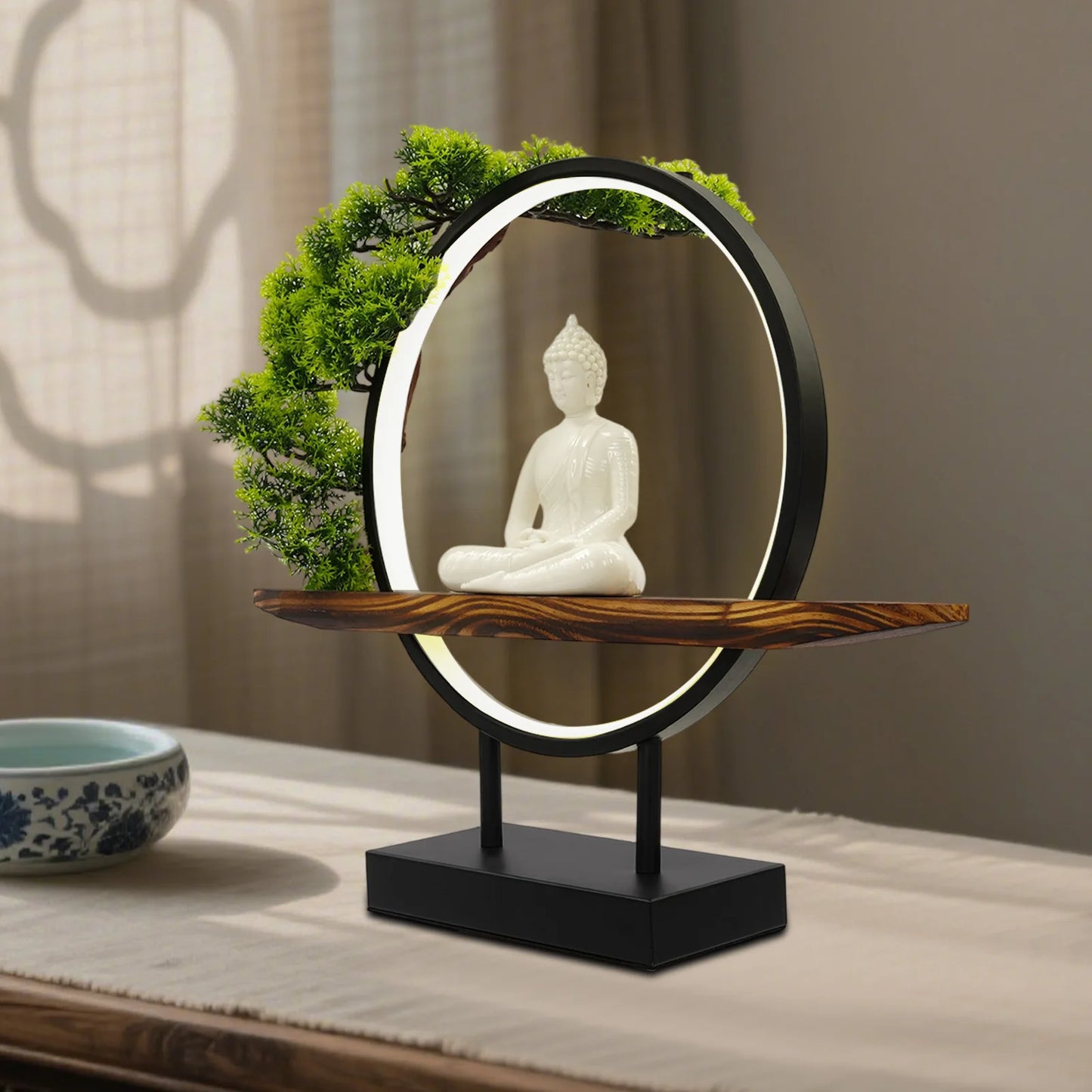 Buddha Statue Indoor Tabletop Decor With LED Circle Lamp