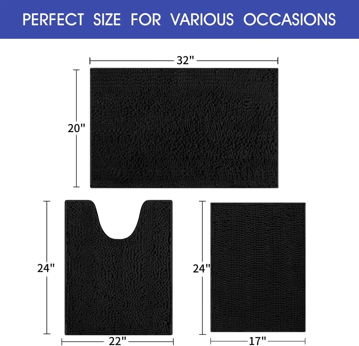 3 Piece Striped Bathroom Rug Set Ultra Soft Non Slip Chenille Mats