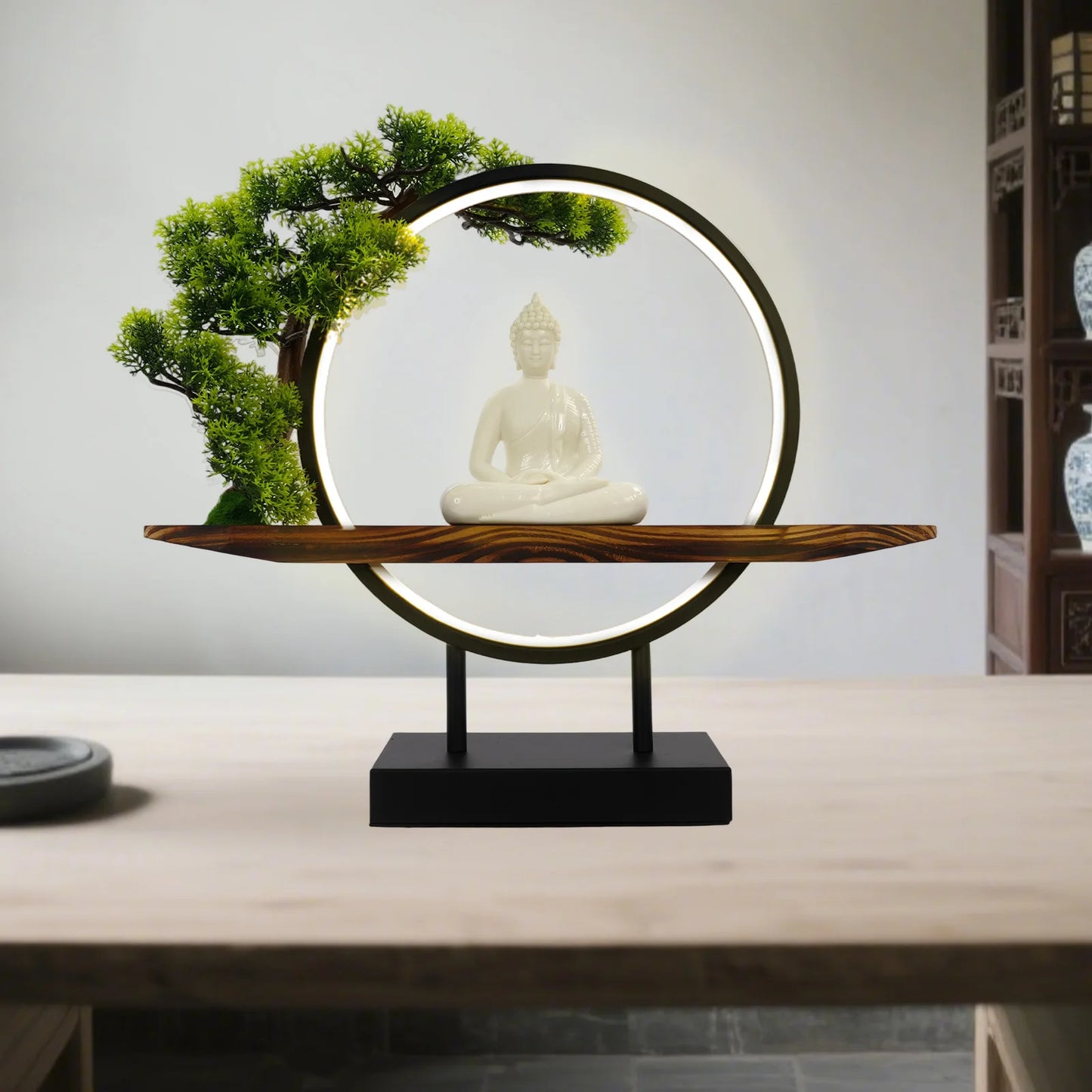 Buddha Statue Indoor Tabletop Decor With LED Circle Lamp