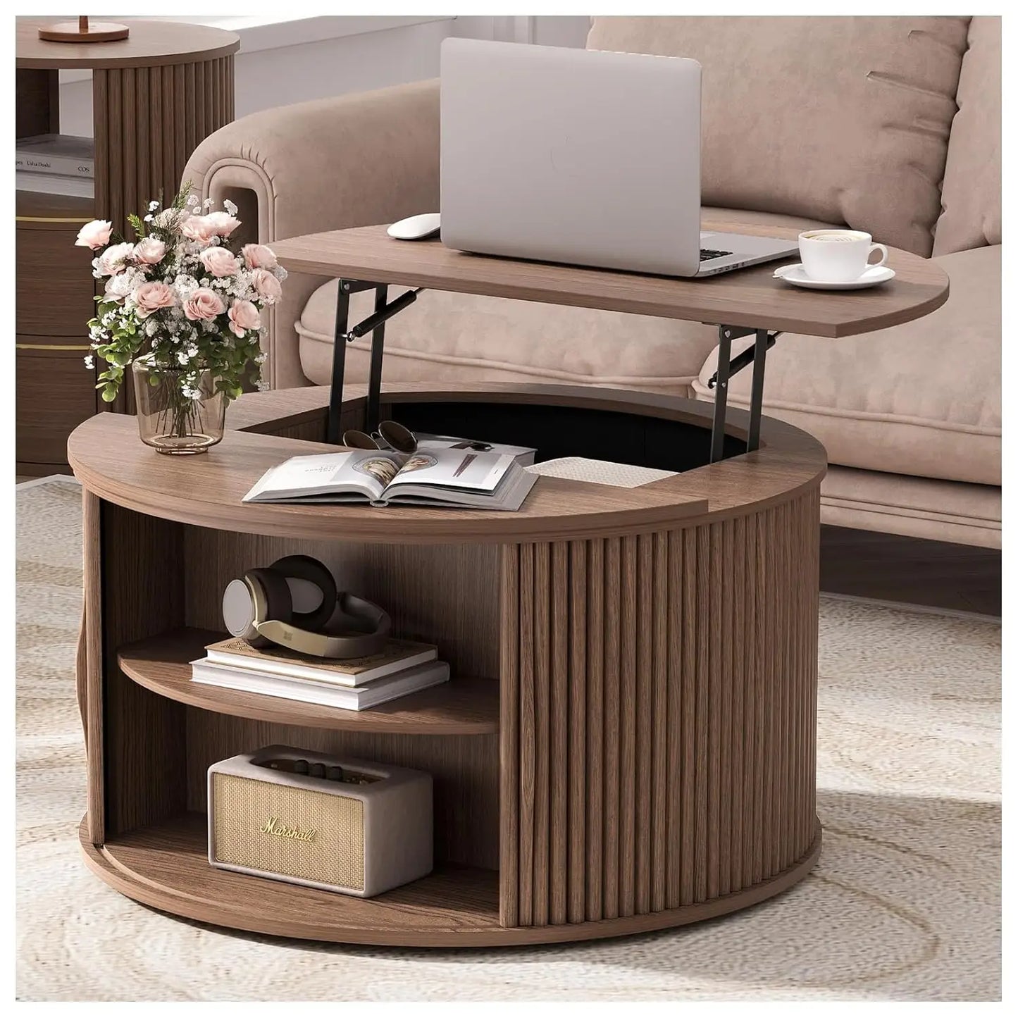 Round Coffee Table With Hidden Storage In Walnut Wood Drum