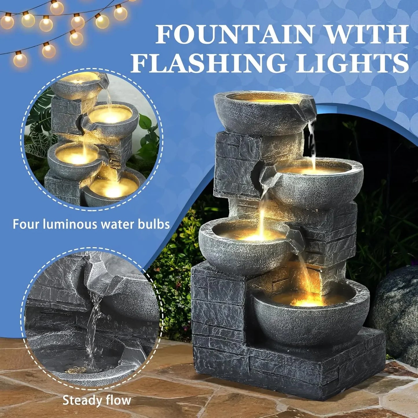 Outdoor Cascading Bowls 4-Tier Water Fountain With LED Lights