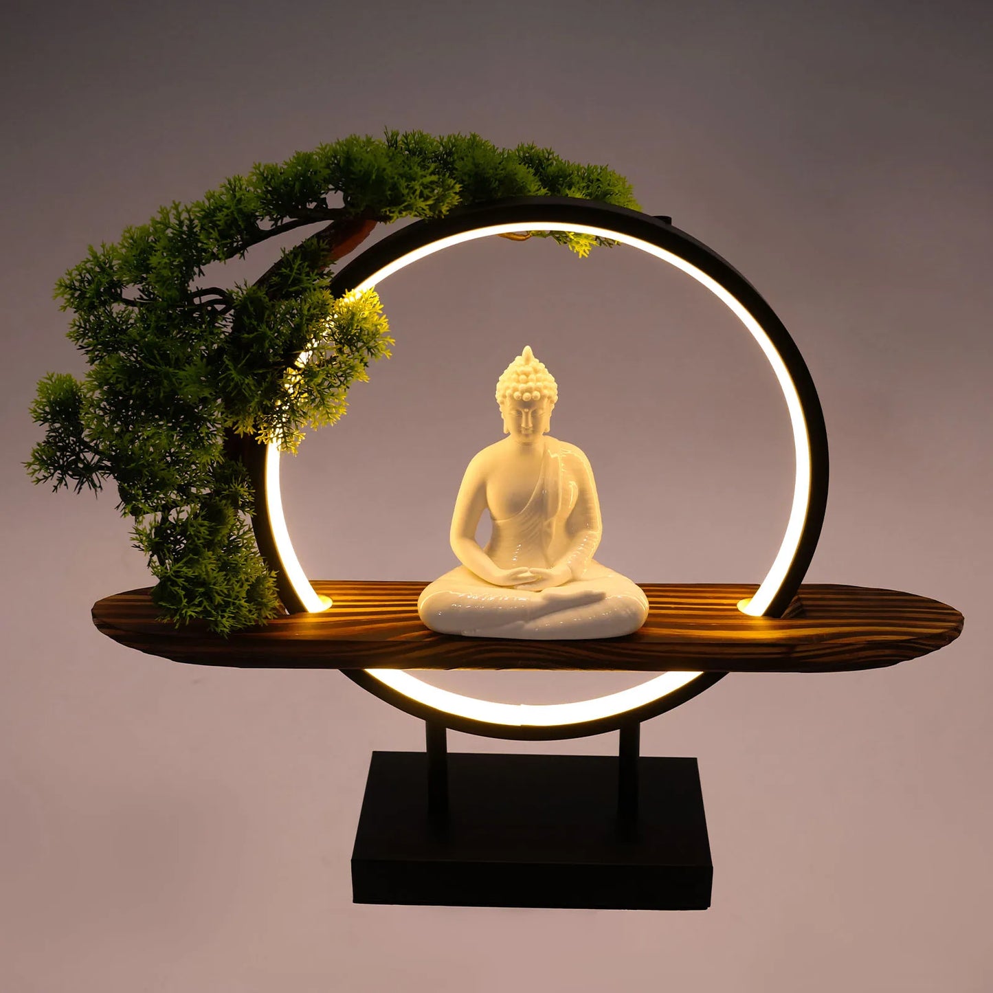 Buddha Statue Indoor Tabletop Decor With LED Circle Lamp