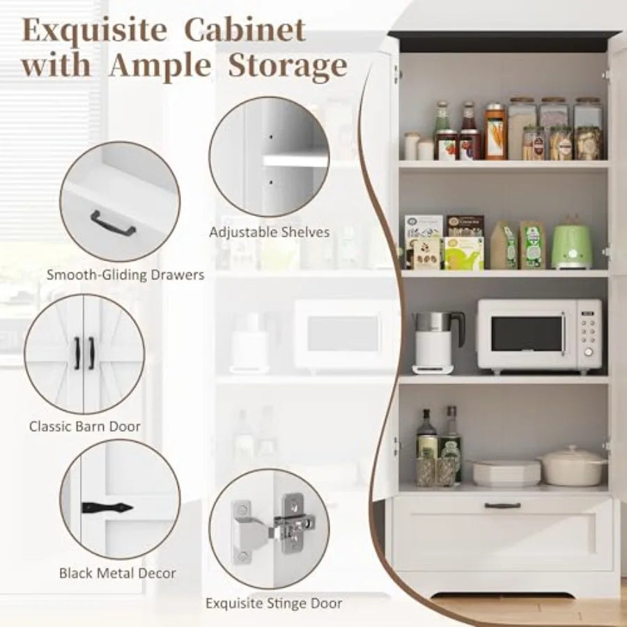 Freestanding Farmhouse Kitchen Pantry Cabinet With Four Shelves And One Drawer