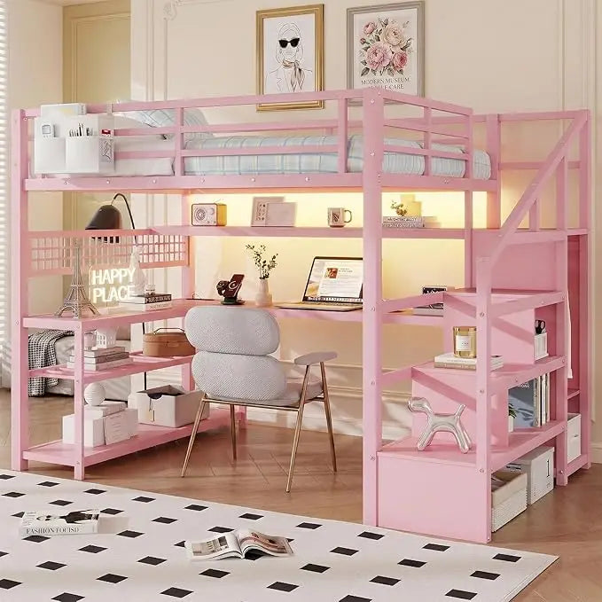 Loft Bed With Stairs And Desk Storage And Charging Station