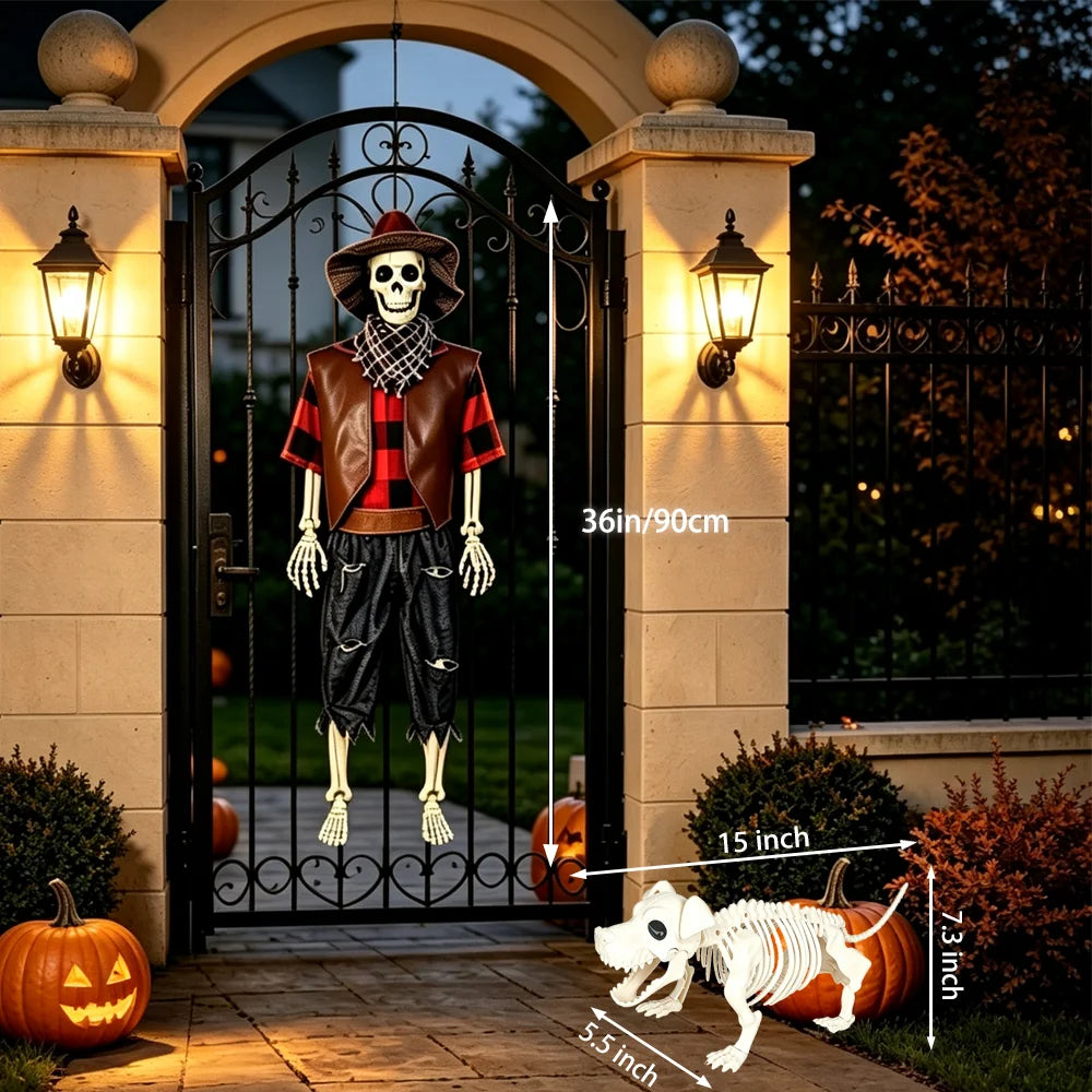 Posable Halloween Skeleton And Dog Outdoor Cowboy Decorations