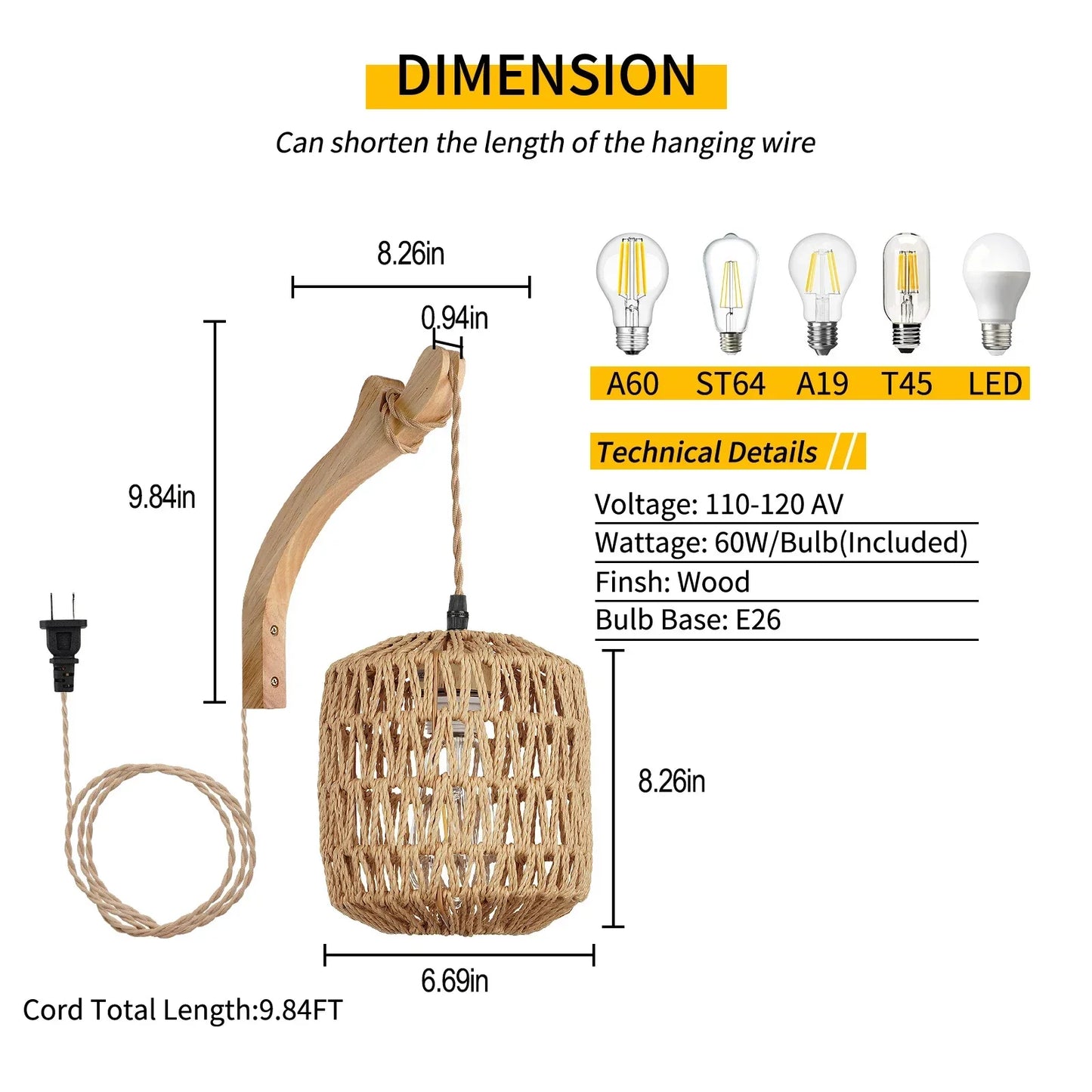 ONEYLTTC LED Rattan Wall Lamp E27 Hemp Rope Lights