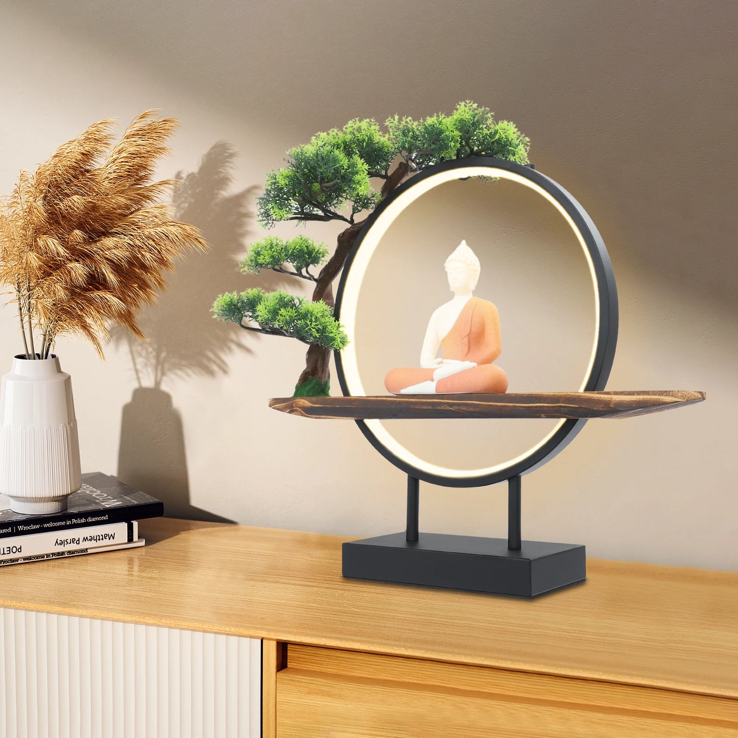 Buddha Statue Indoor Tabletop Decor With LED Circle Lamp