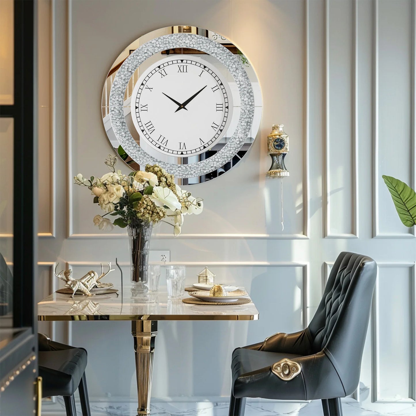 Round Mirrored Wall Clock With Crystal Accents For Living Room