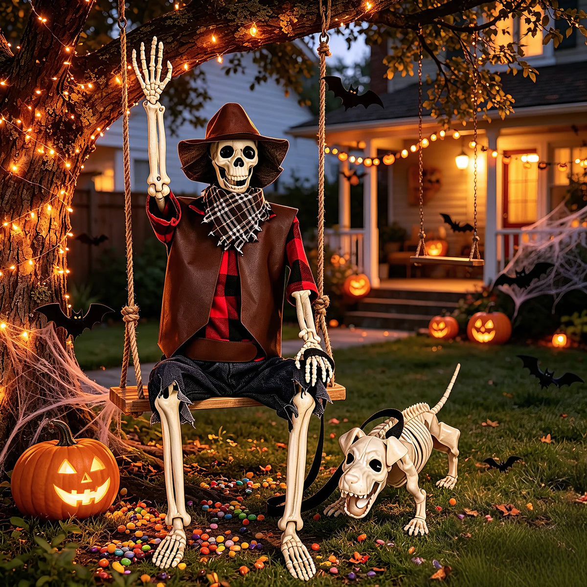 Posable Halloween Skeleton And Dog Outdoor Cowboy Decorations