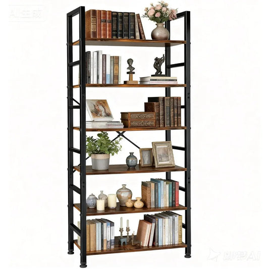 Six-Tier Bookshelf With Steel Frame