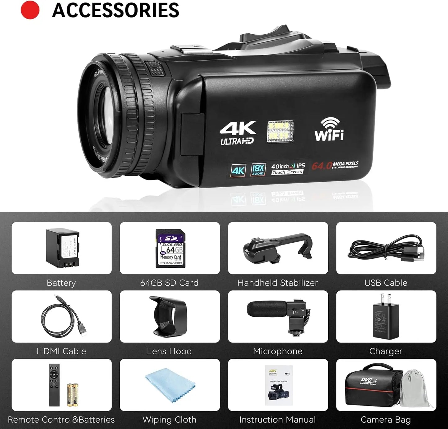 4K Ultra HD Camcorder With 18X Digital Zoom And 64GB SD Card