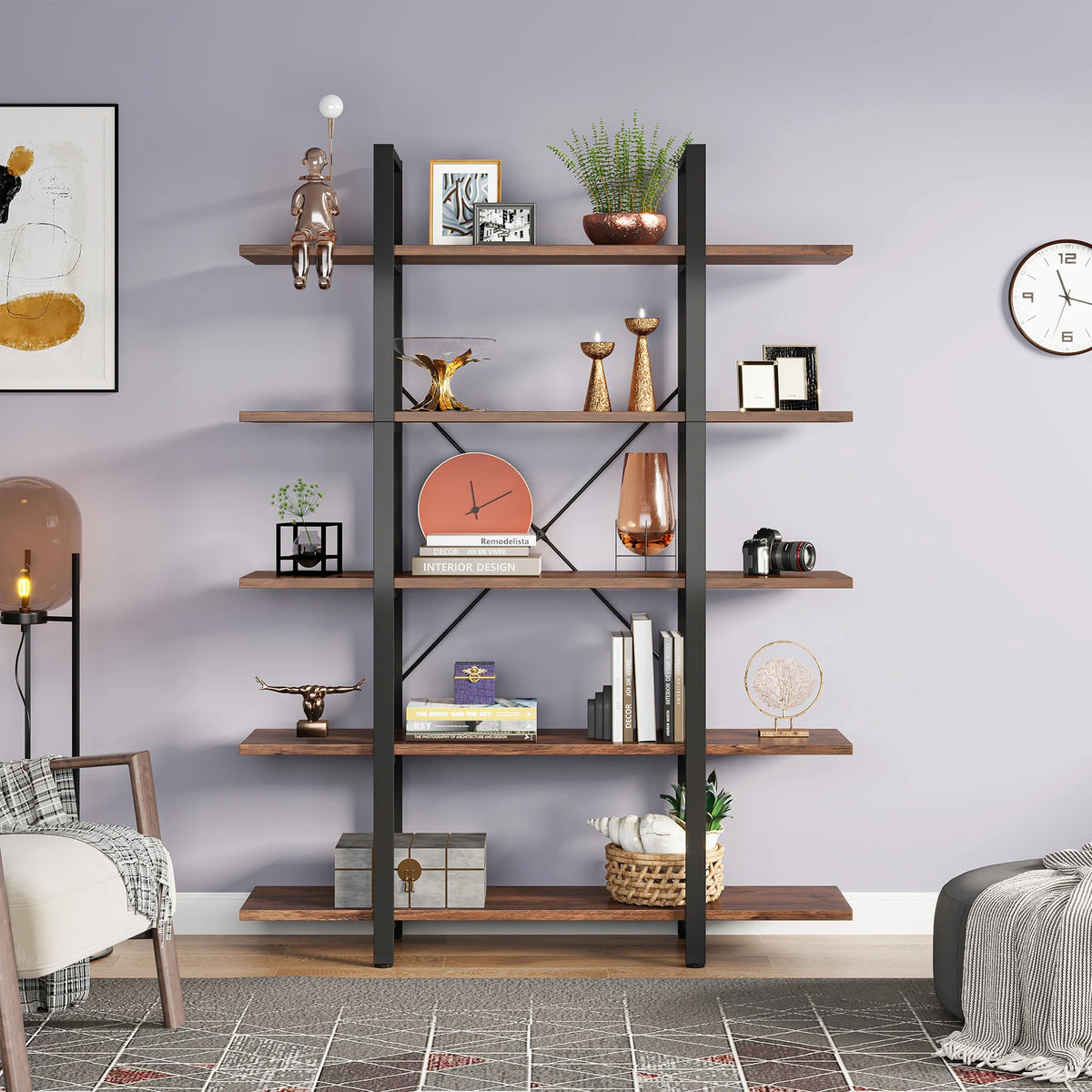 Tribesigns Five Tier Vintage Industrial Wooden Bookshelf Bookcase