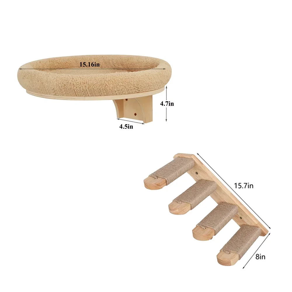 Solid Wood Cat Wall Mount Climbing Ladder With Hammock And Scratching Post