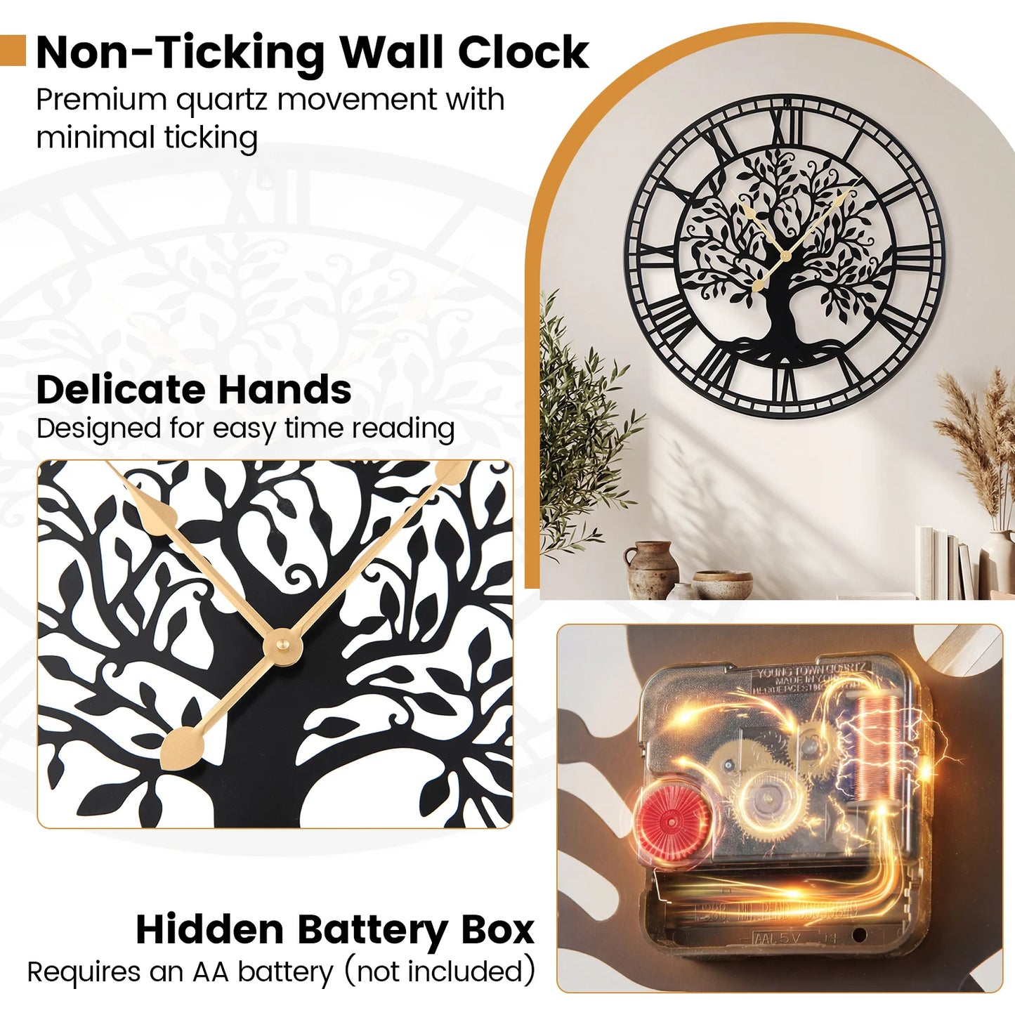 HOMASIS Tree of Life Metal Wall Clock Decorative Timepiece