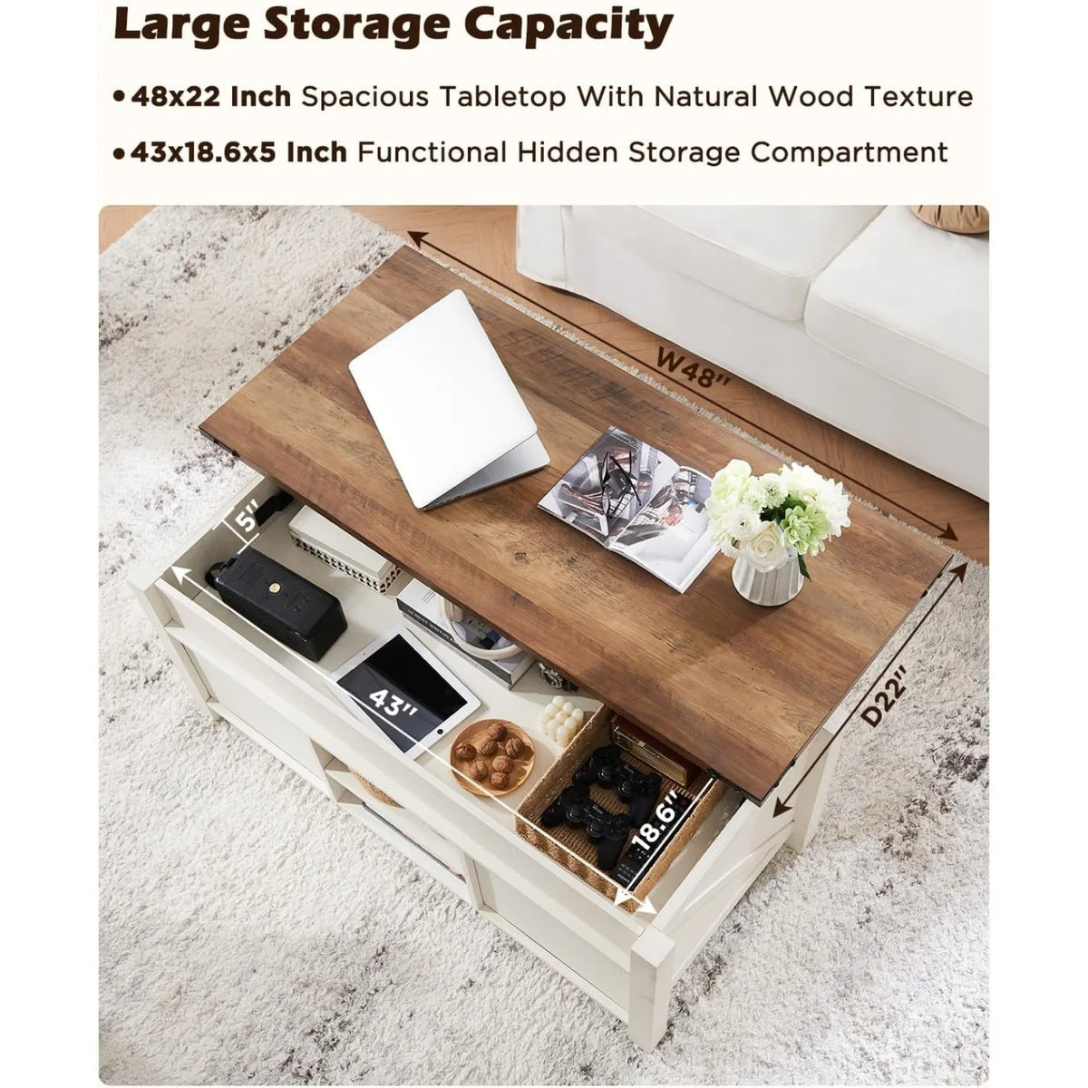 XIUWO Farmhouse Lift Top Coffee Table With Hidden Storage