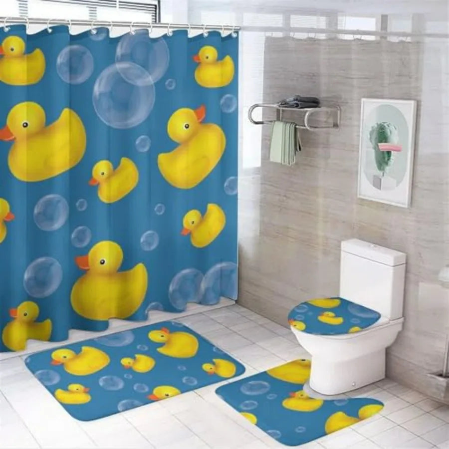 Rubber Duck Bathroom Decor Set With Shower Curtain And Mats