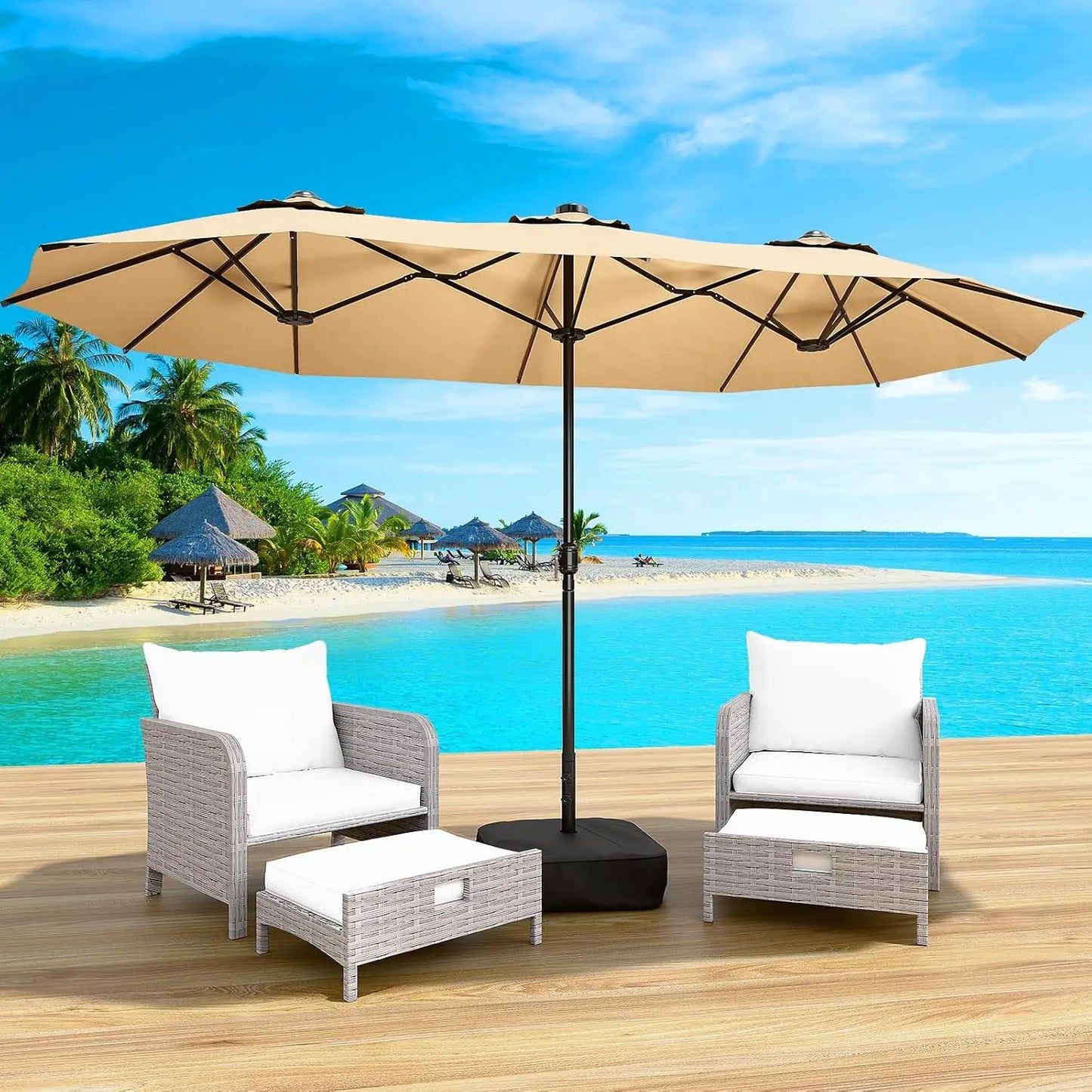Patio Umbrella With Base And Solar LED Lights Double Sided