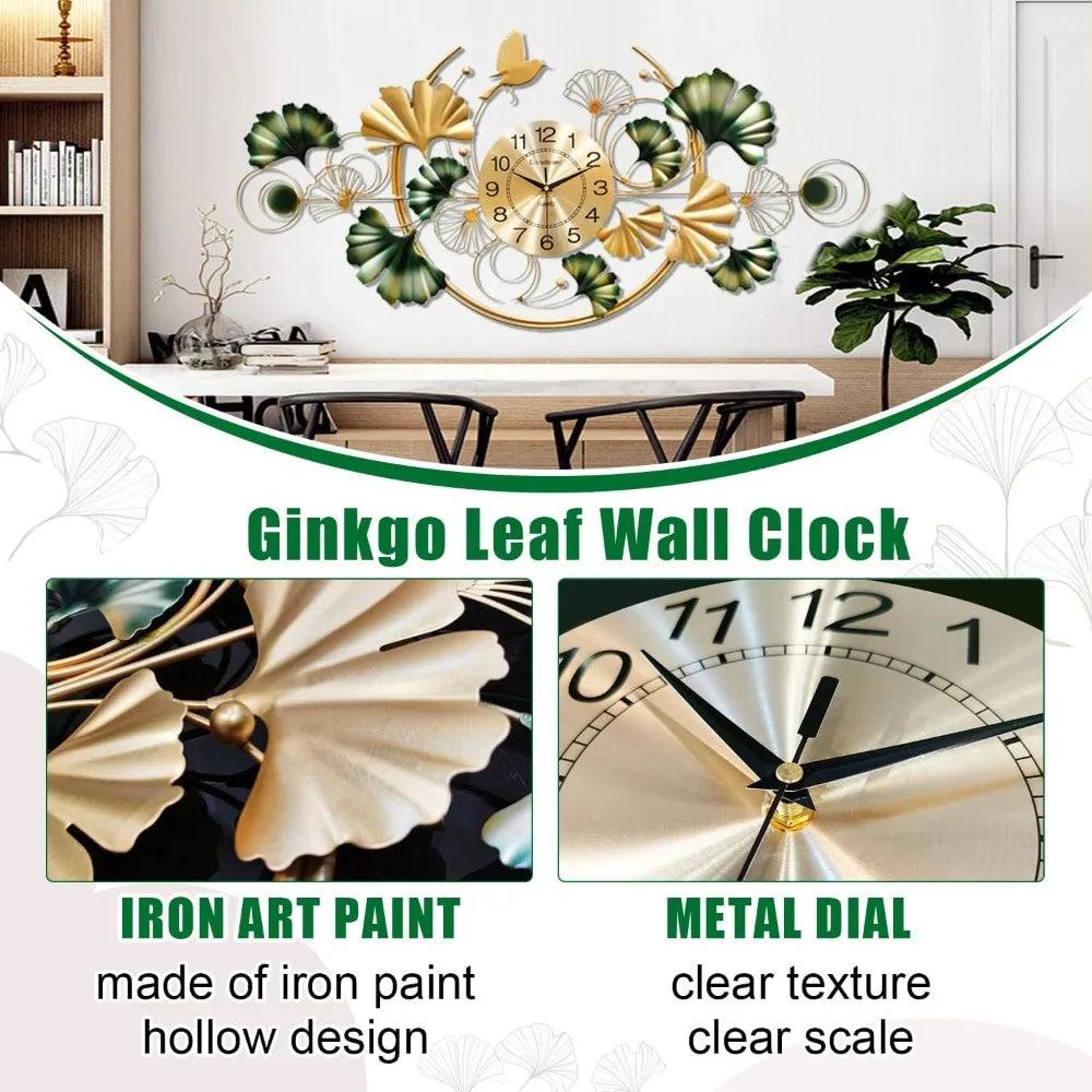 3D Ginkgo Leaf Metal Wall Clock Silent Boho Decor