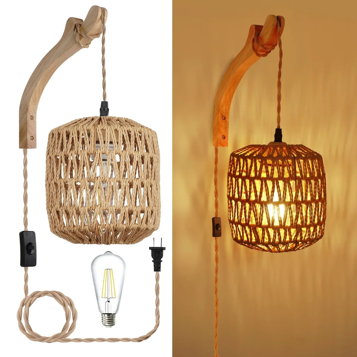 ONEYLTTC LED Rattan Wall Lamp E27 Hemp Rope Lights