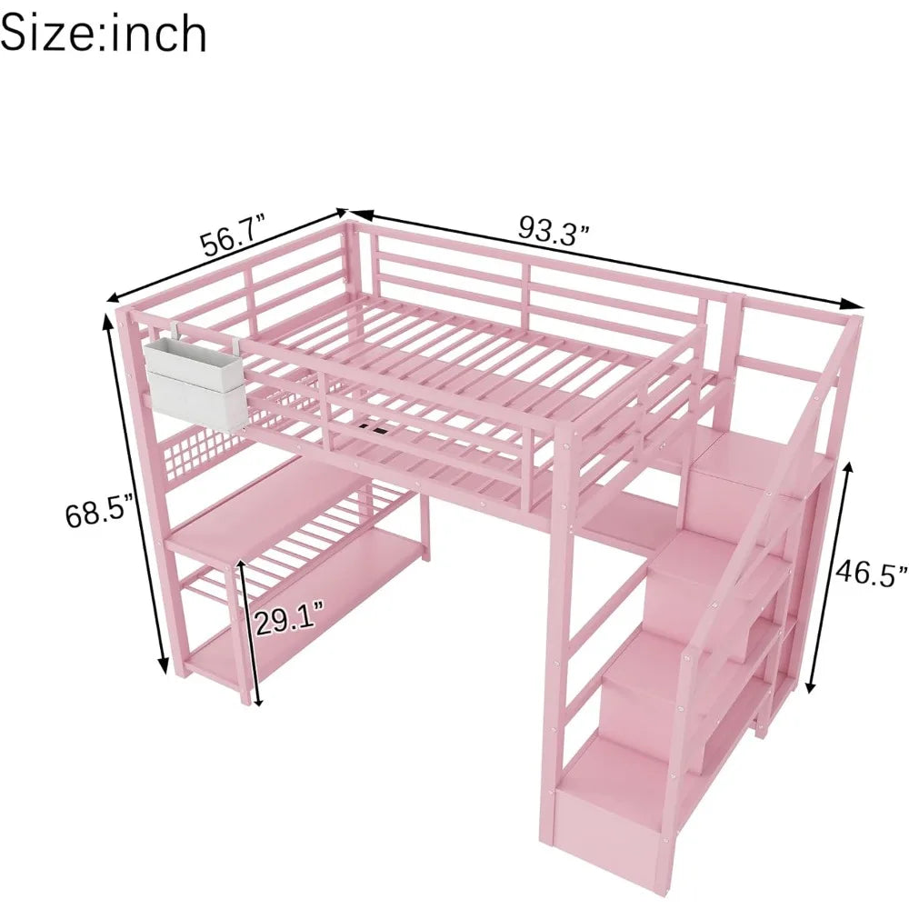 Loft Bed With Stairs And Desk Storage And Charging Station